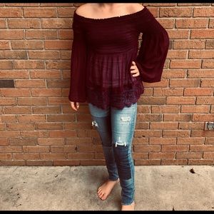 Off the shoulder maroon long sleeve shirt